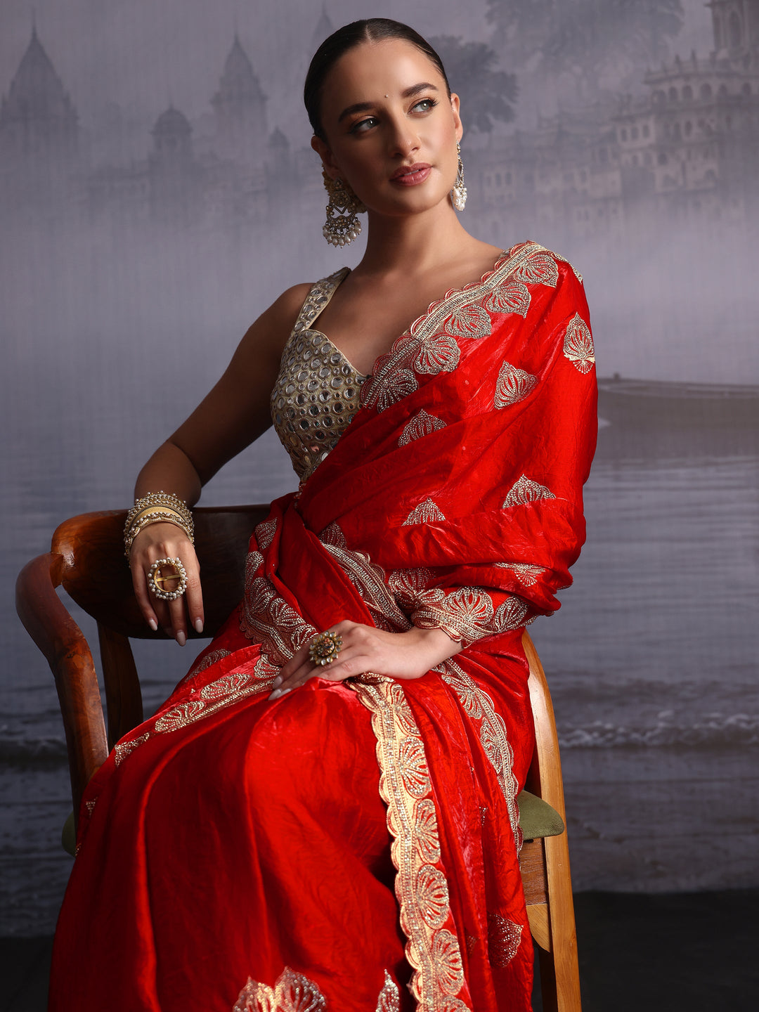Libas Vermilion Red Ethnic Embroidered Stone Work Tissue Saree