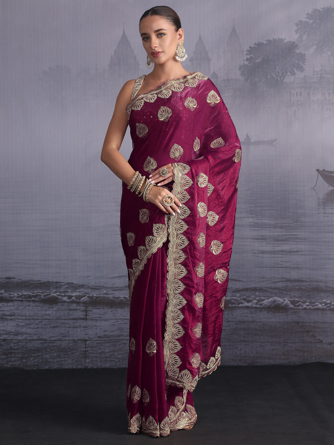 Libas Burgundy Ethnic Embroidered Stone Work Tissue Saree
