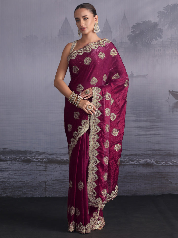 Libas Burgundy Ethnic Embroidered Stone Work Tissue Saree