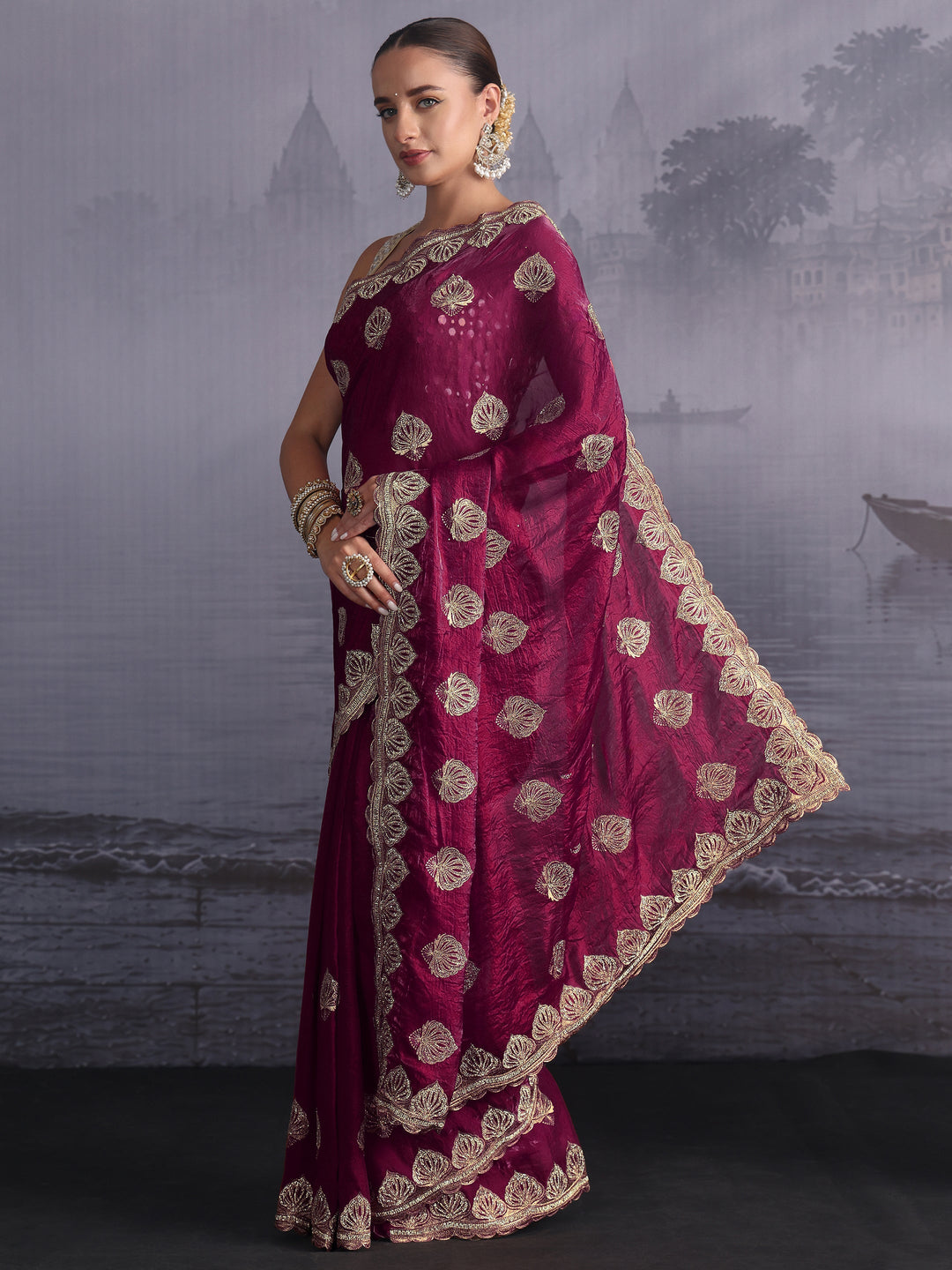 Libas Burgundy Ethnic Embroidered Stone Work Tissue Saree