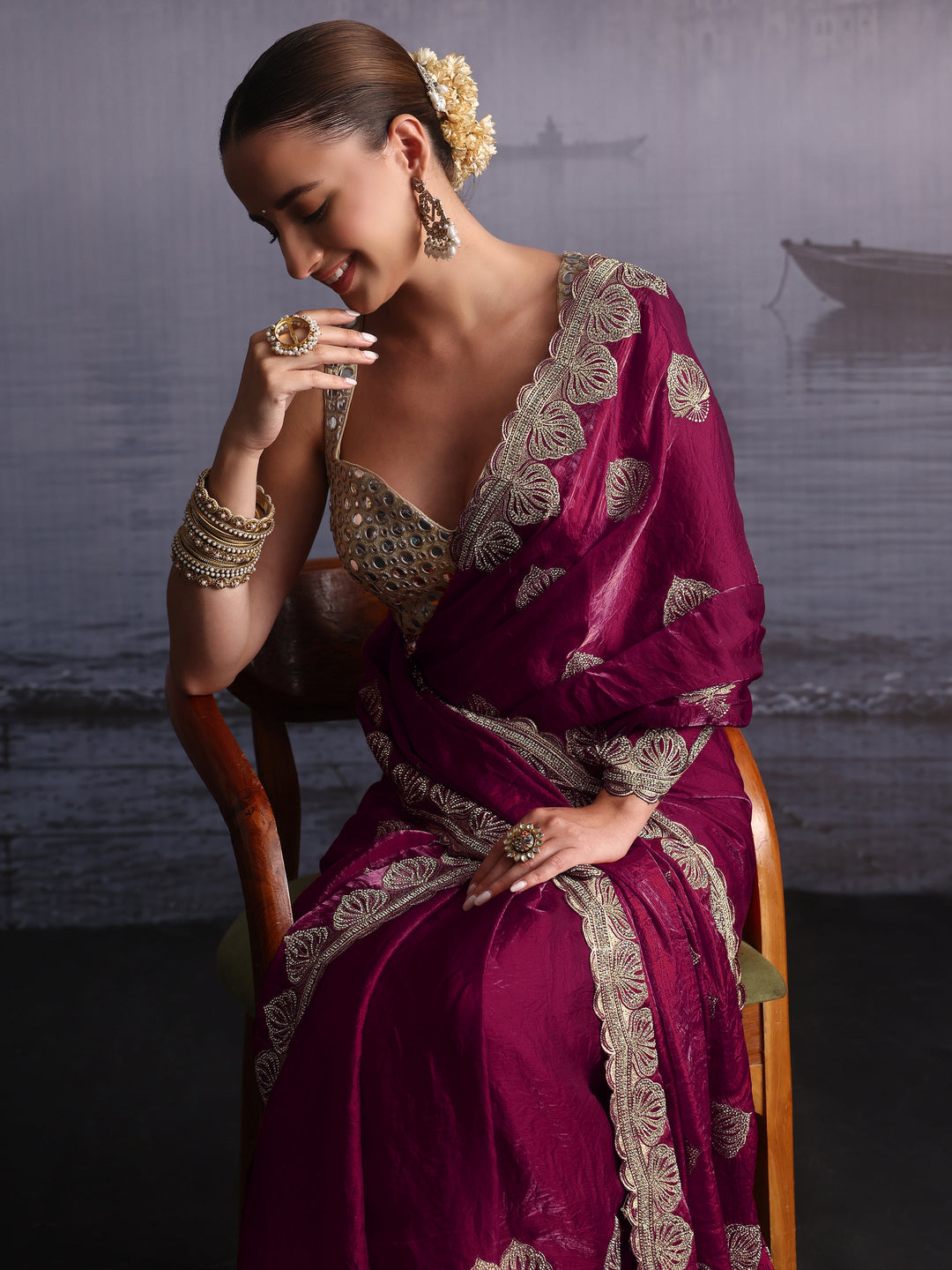Libas Burgundy Ethnic Embroidered Stone Work Tissue Saree