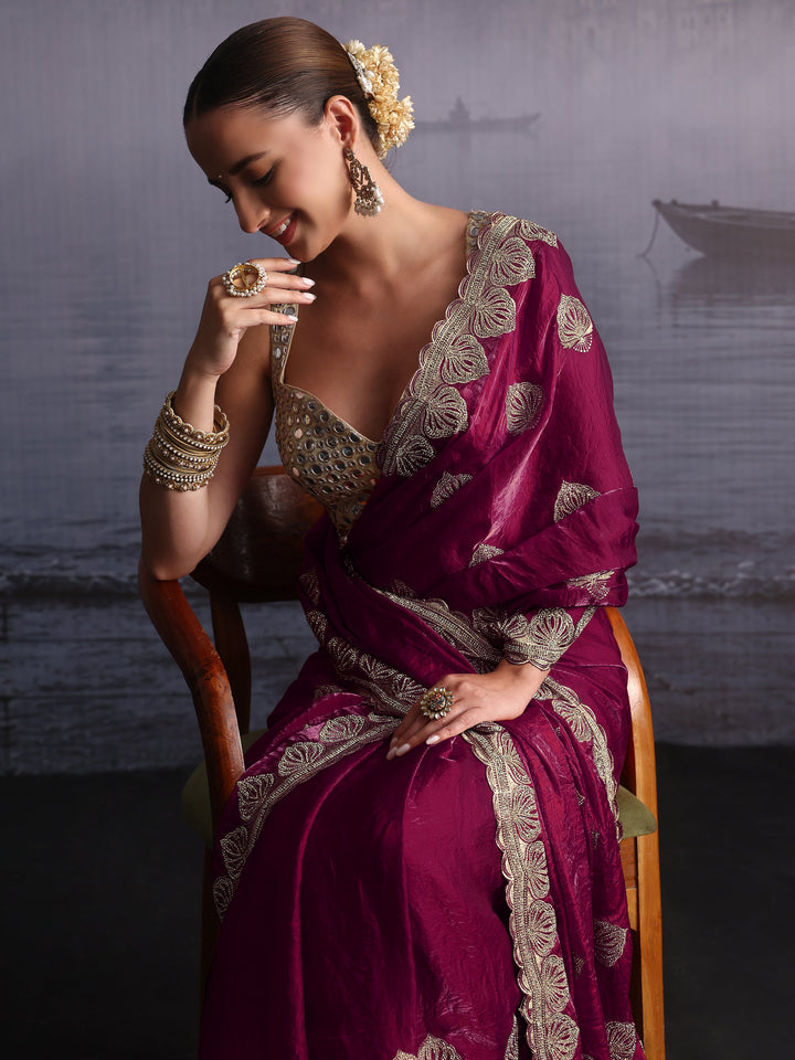 Libas Burgundy Ethnic Embroidered Stone Work Tissue Saree
