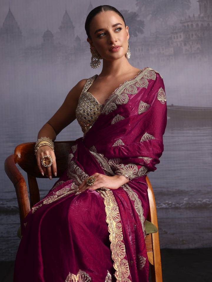 Libas Burgundy Ethnic Embroidered Stone Work Tissue Saree