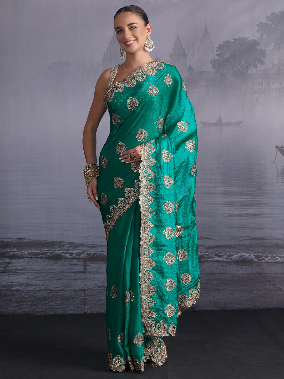 Libas Sea Green Ethnic Embroidered Stone Work Tissue Saree