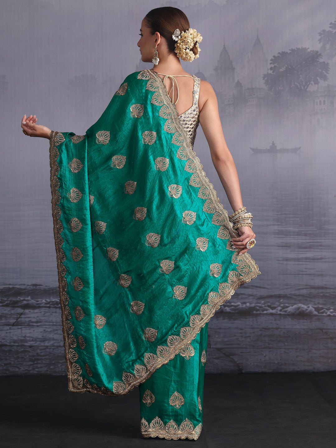 Libas Sea Green Ethnic Embroidered Stone Work Tissue Saree