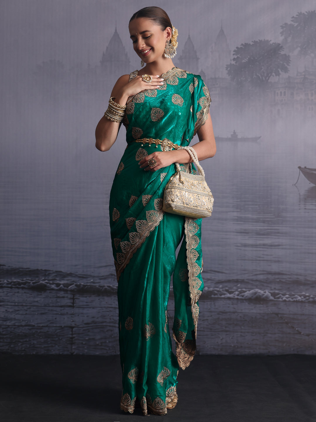 Libas Sea Green Ethnic Embroidered Stone Work Tissue Saree