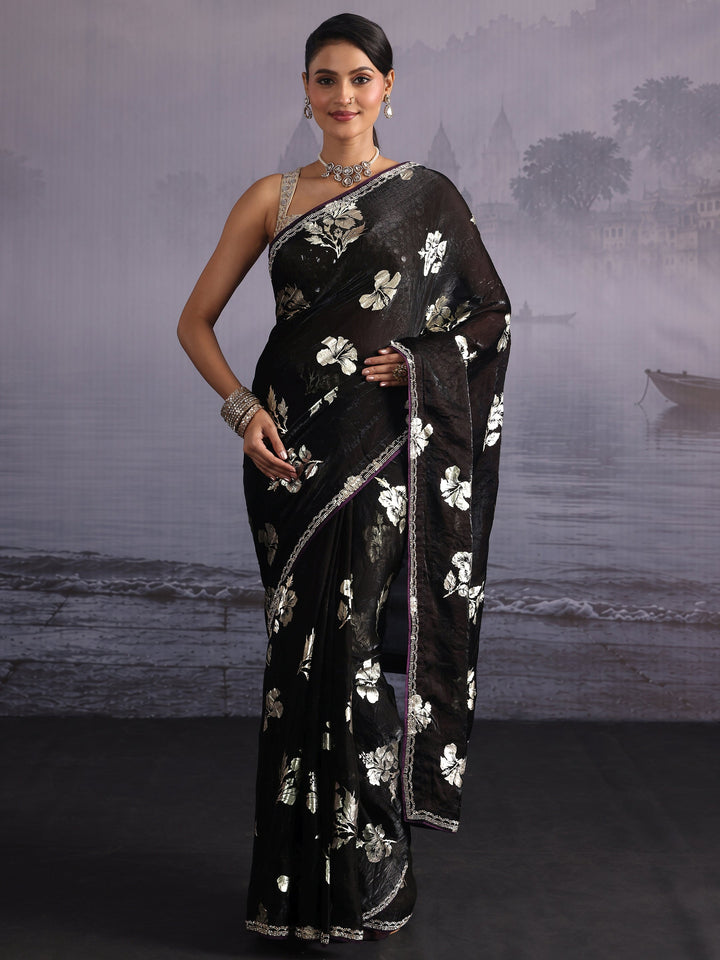 Libas Black Floral Foil Printed Tissue Saree with Embellished Border