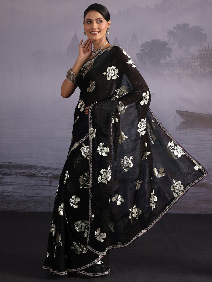 Libas Black Floral Foil Printed Tissue Saree with Embellished Border