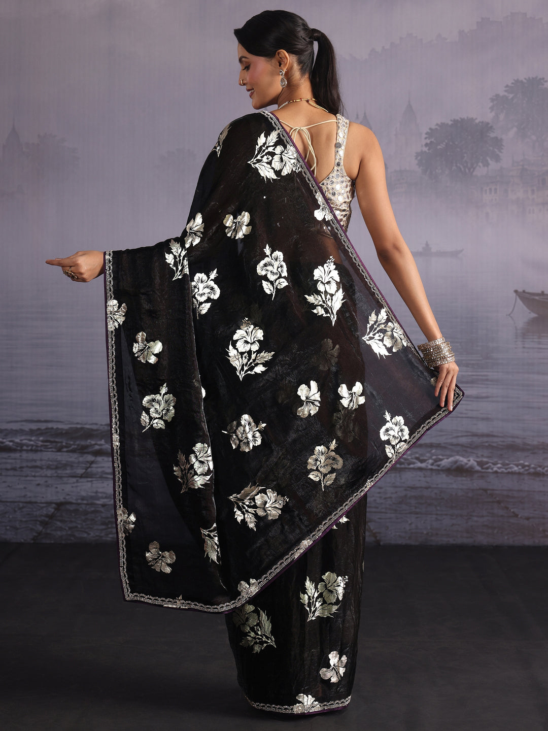 Libas Black Floral Foil Printed Tissue Saree with Embellished Border