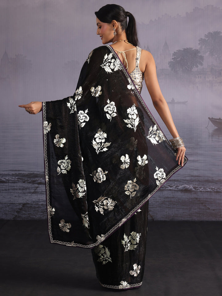 Libas Black Floral Foil Printed Tissue Saree with Embellished Border