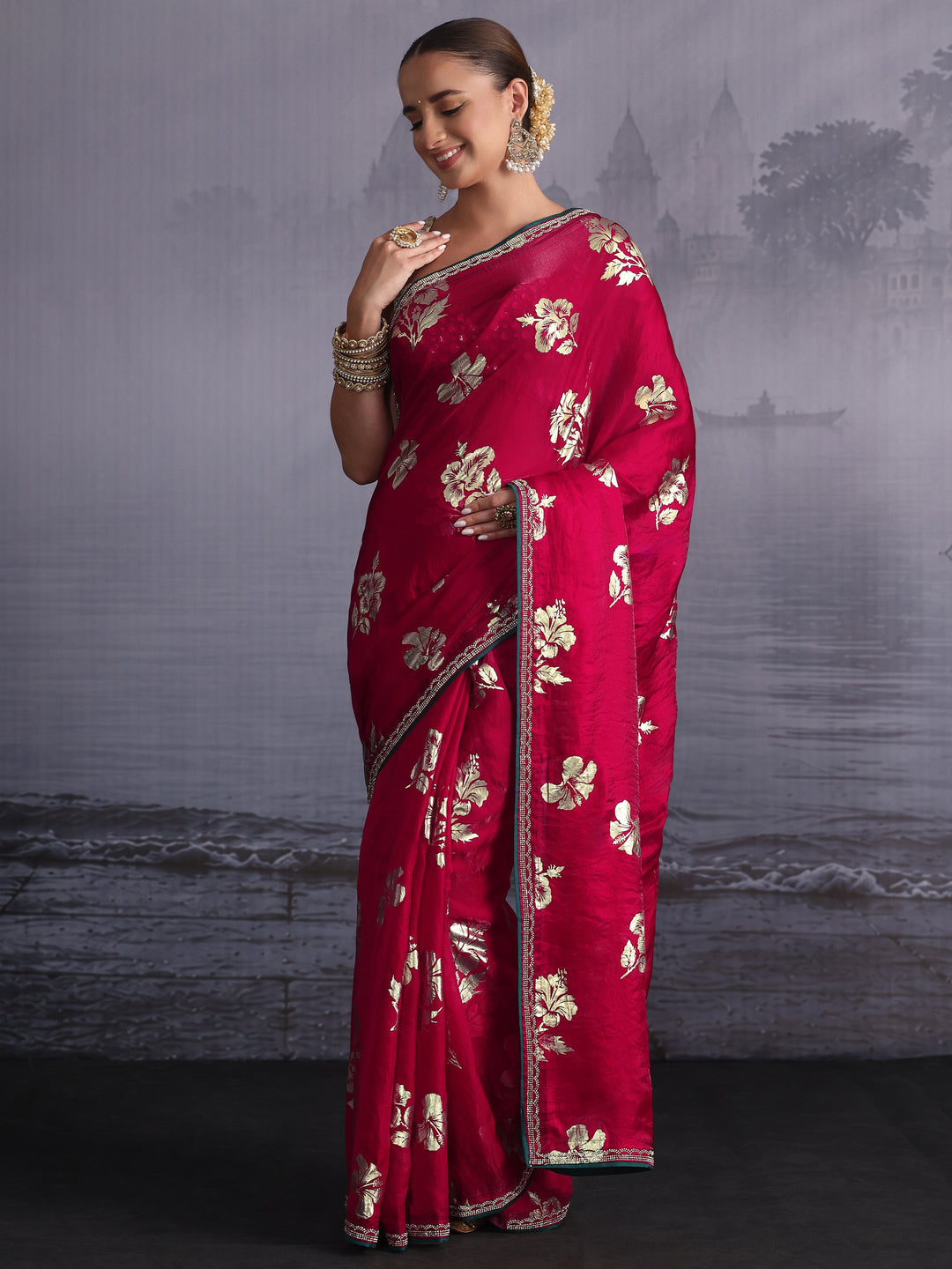 Libas Magenta Pink Floral Printed Tissue Saree with Embellished Border