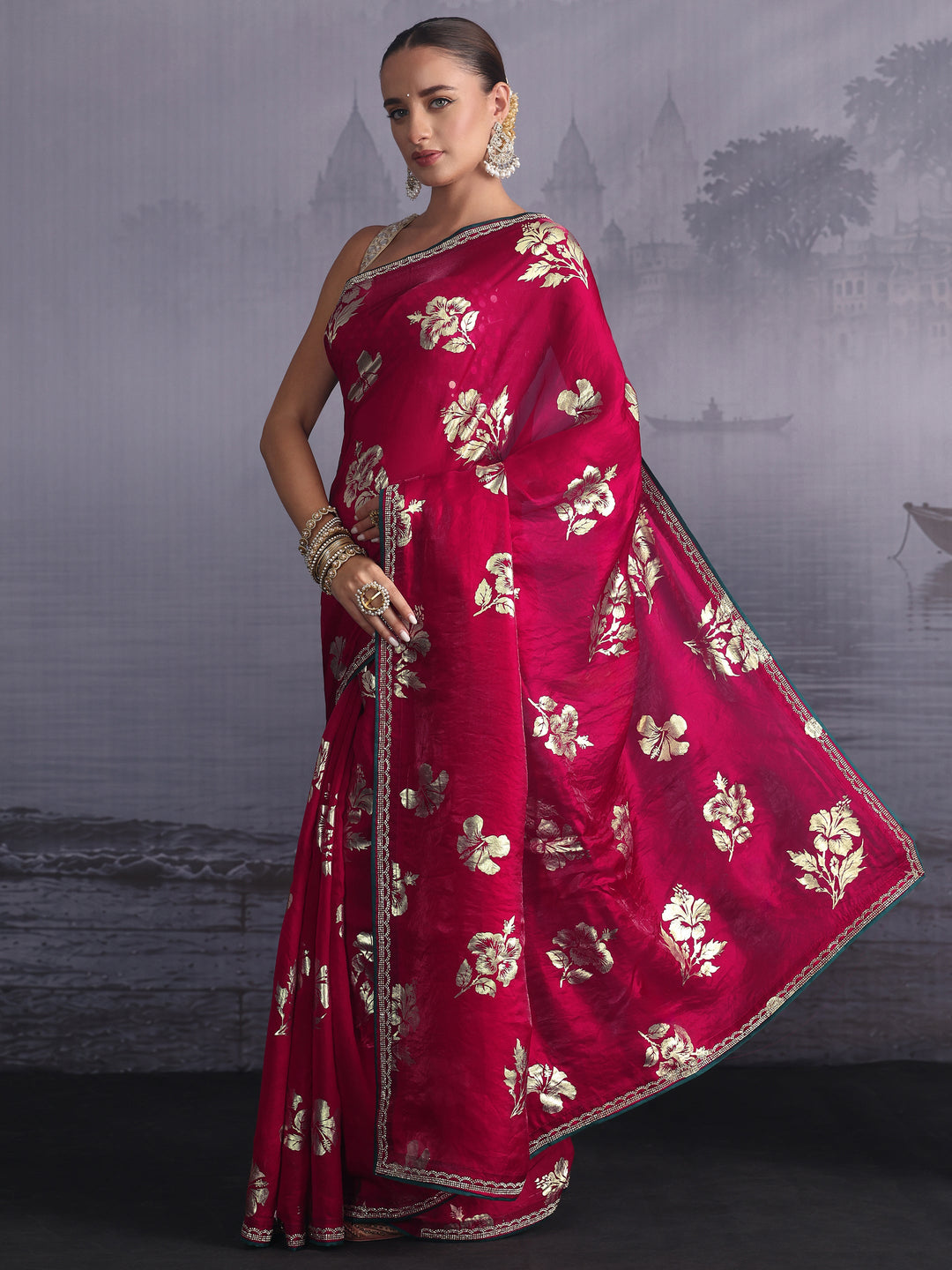 Libas Magenta Pink Floral Printed Tissue Saree with Embellished Border