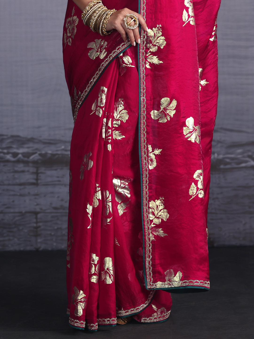 Libas Magenta Pink Floral Printed Tissue Saree with Embellished Border