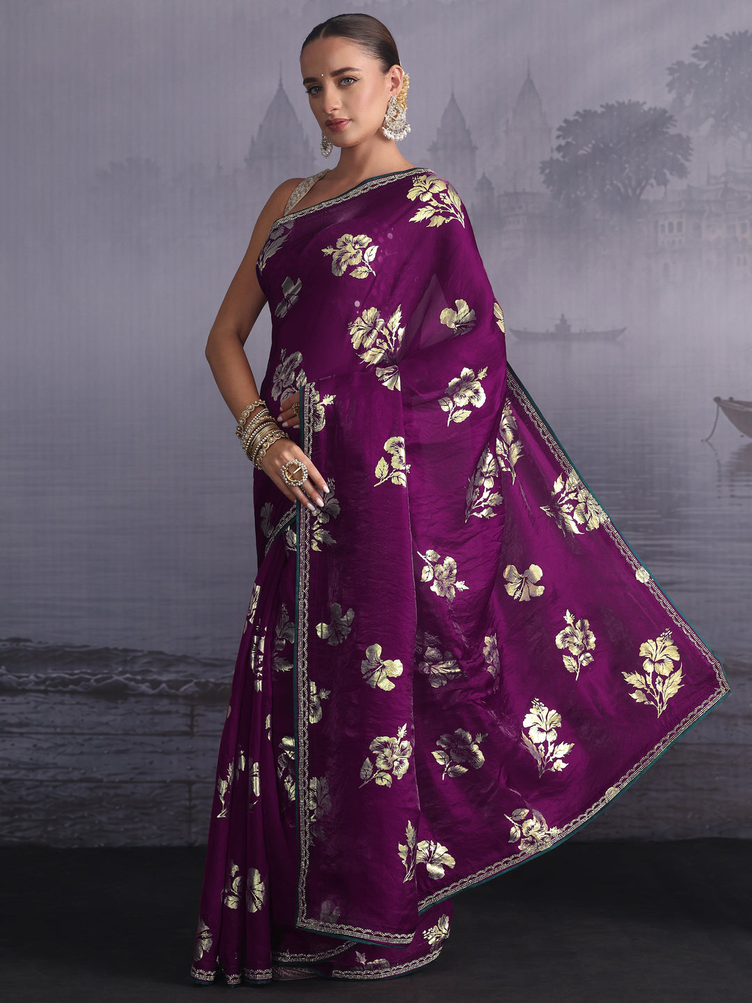 Libas Burgundy Floral Printed Tissue Saree with Embellished Border