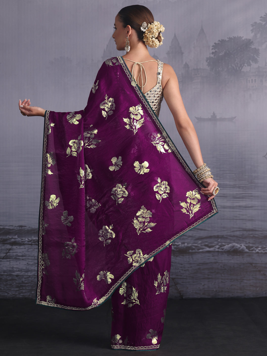 Libas Burgundy Floral Printed Tissue Saree with Embellished Border