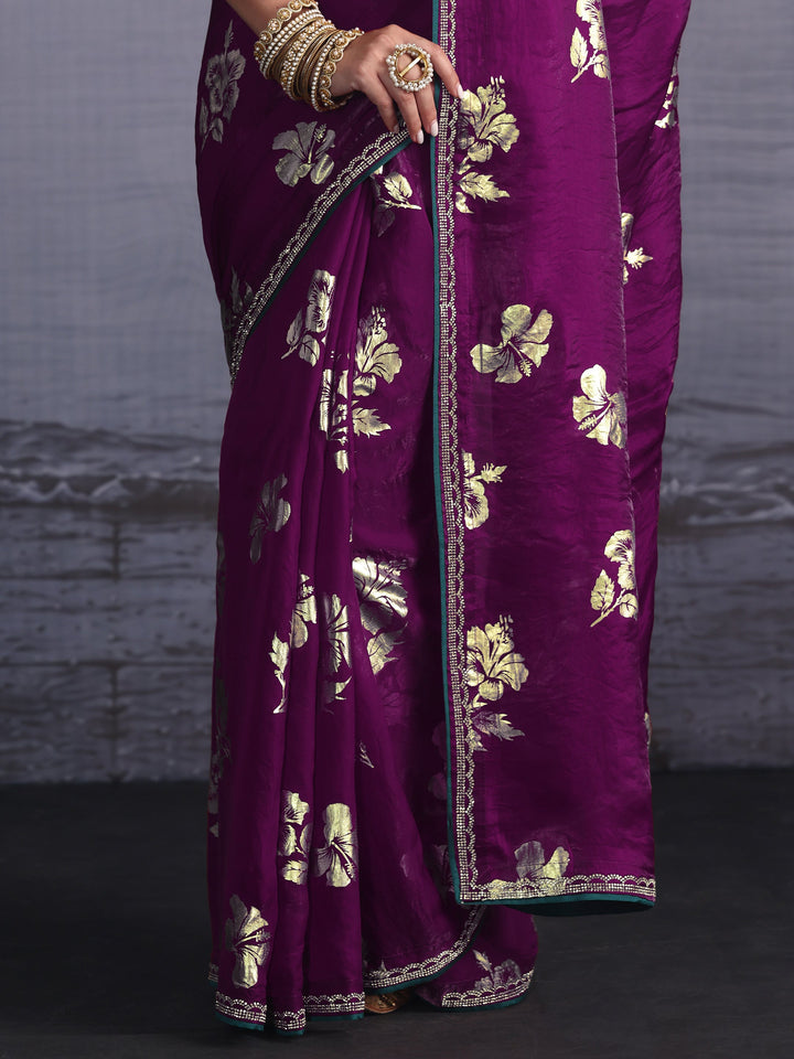 Libas Burgundy Floral Printed Tissue Saree with Embellished Border
