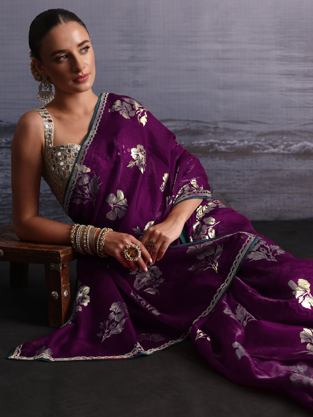 Libas Burgundy Floral Printed Tissue Saree with Embellished Border