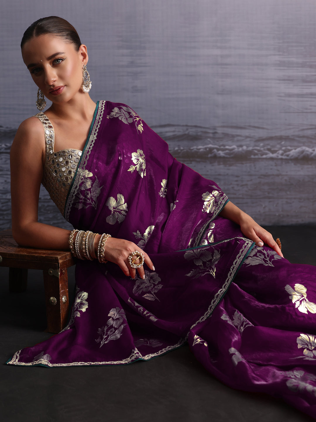 Libas Burgundy Floral Printed Tissue Saree with Embellished Border