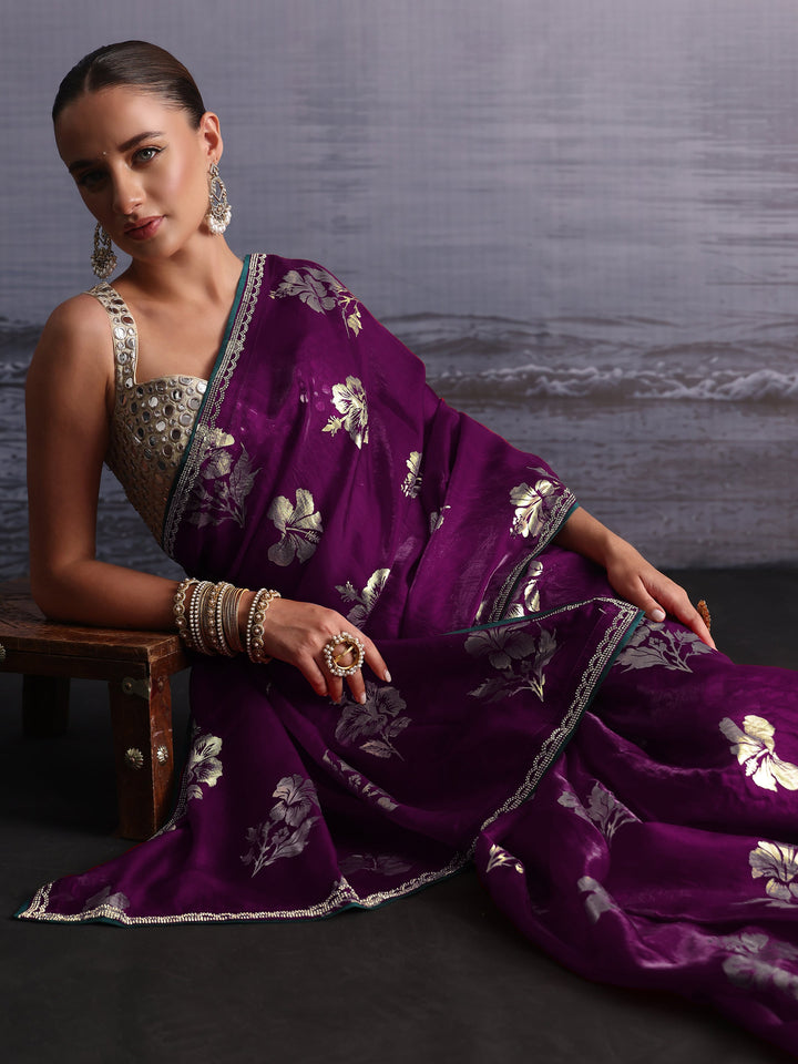 Libas Burgundy Floral Printed Tissue Saree with Embellished Border