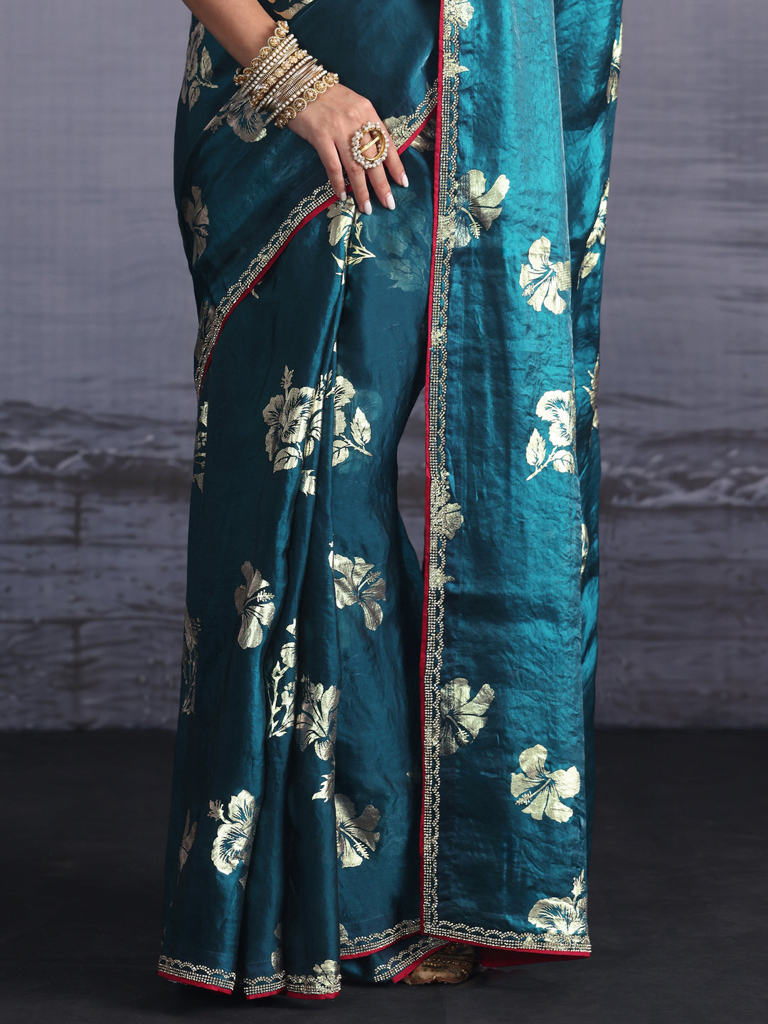 Libas Teal Blue Floral Printed Tissue Saree with Embellished Border