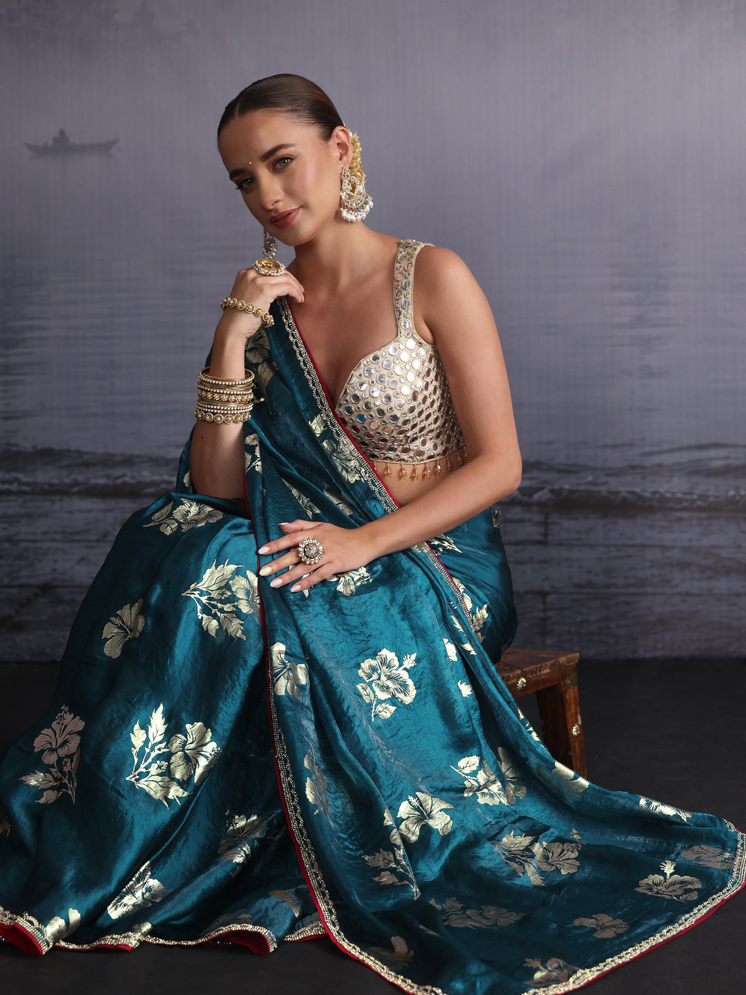 Libas Teal Blue Floral Printed Tissue Saree with Embellished Border