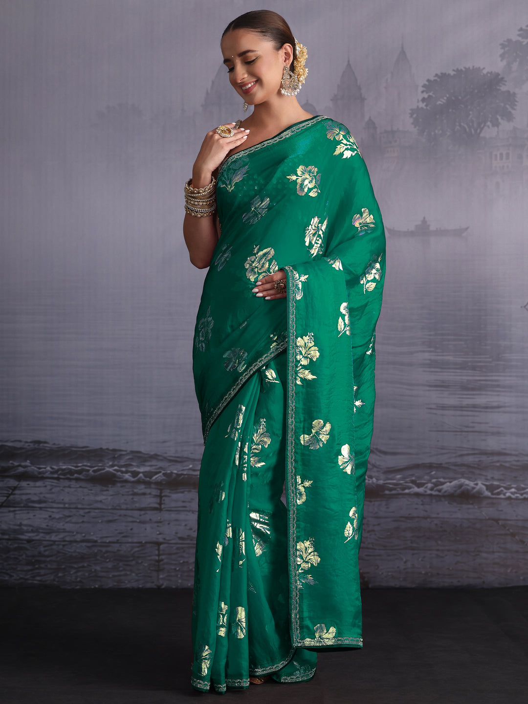 Libas Green Floral Printed Tissue Saree with Embellished Border