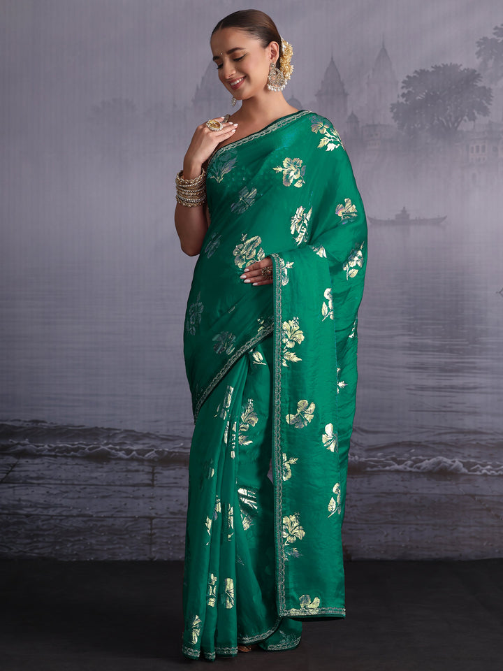 Libas Green Floral Printed Tissue Saree with Embellished Border