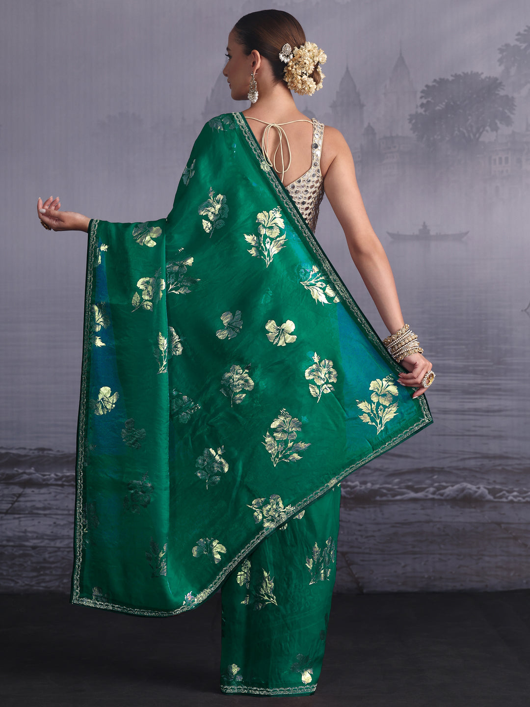 Libas Green Floral Printed Tissue Saree with Embellished Border