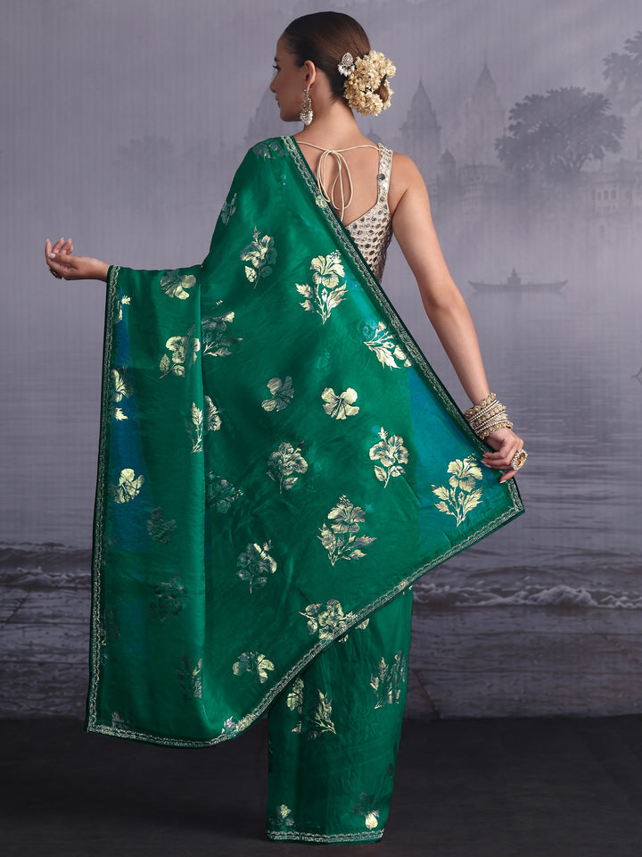 Libas Green Floral Printed Tissue Saree with Embellished Border