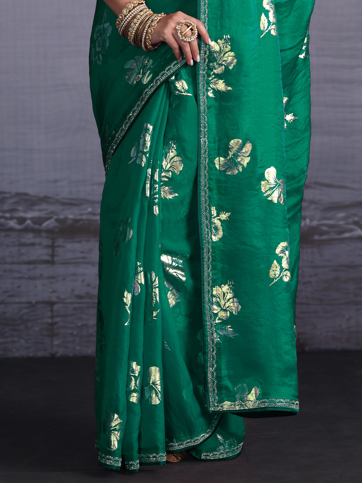 Libas Green Floral Printed Tissue Saree with Embellished Border
