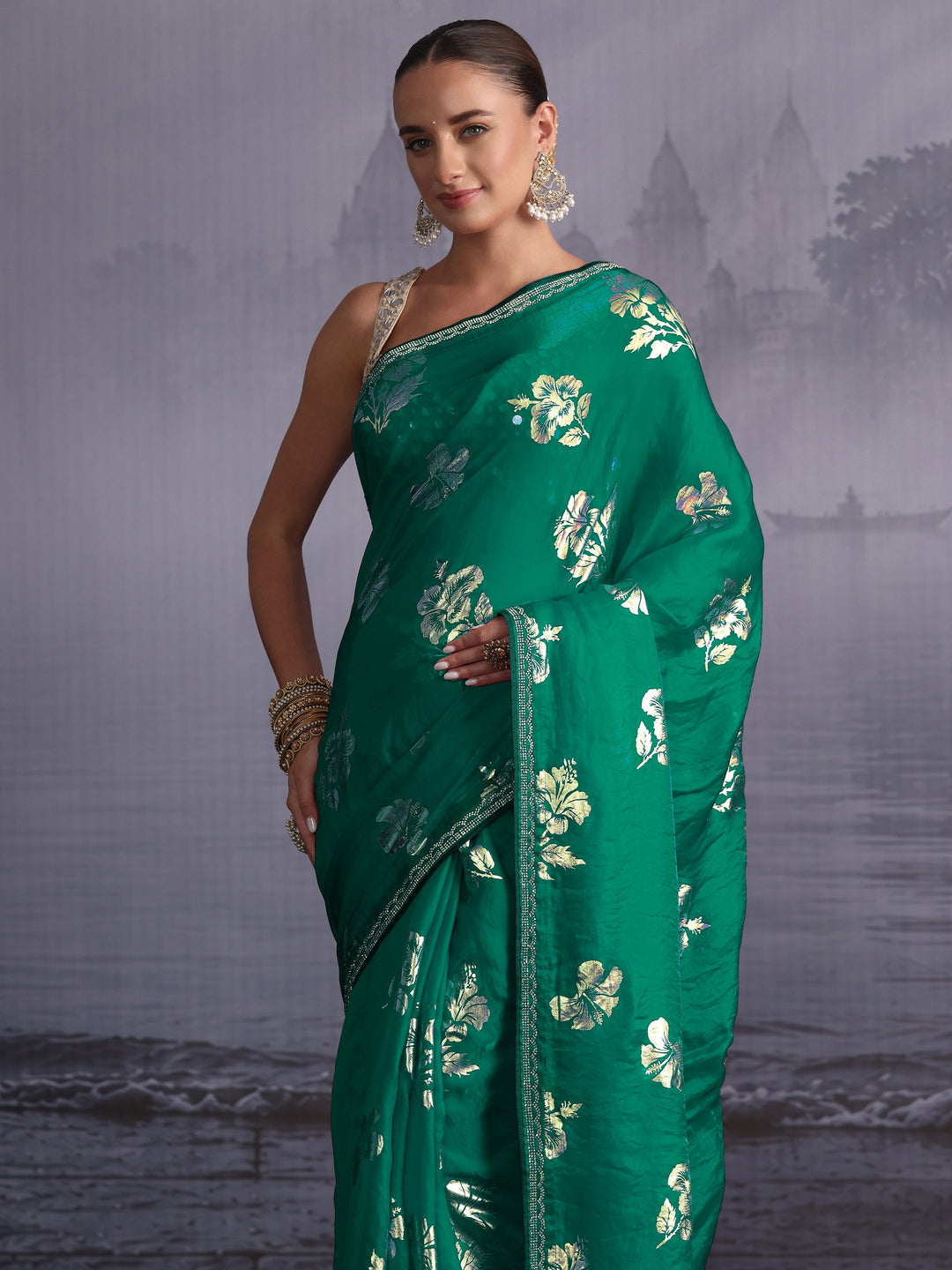 Libas Green Floral Printed Tissue Saree with Embellished Border
