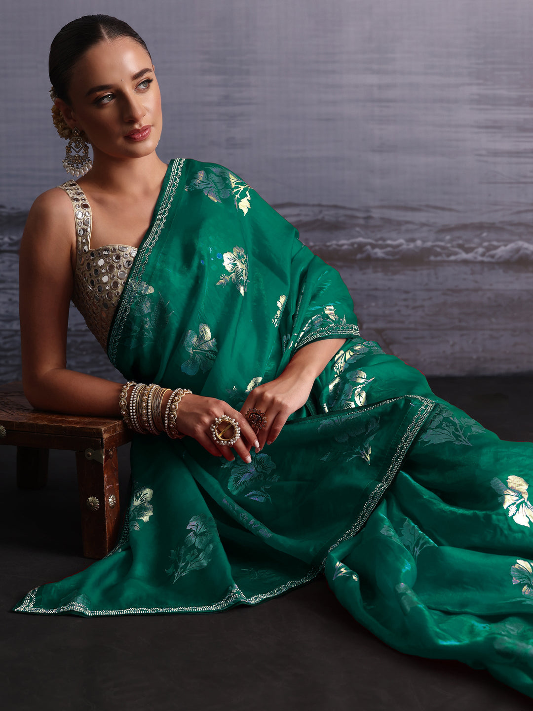 Libas Green Floral Printed Tissue Saree with Embellished Border