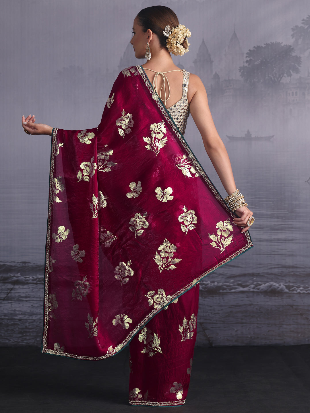 Libas Maroon Floral Printed Tissue Saree with Embellished Border