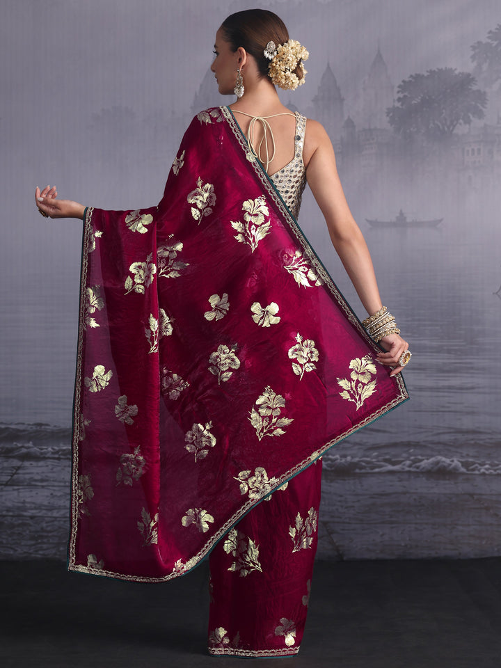 Libas Maroon Floral Printed Tissue Saree with Embellished Border