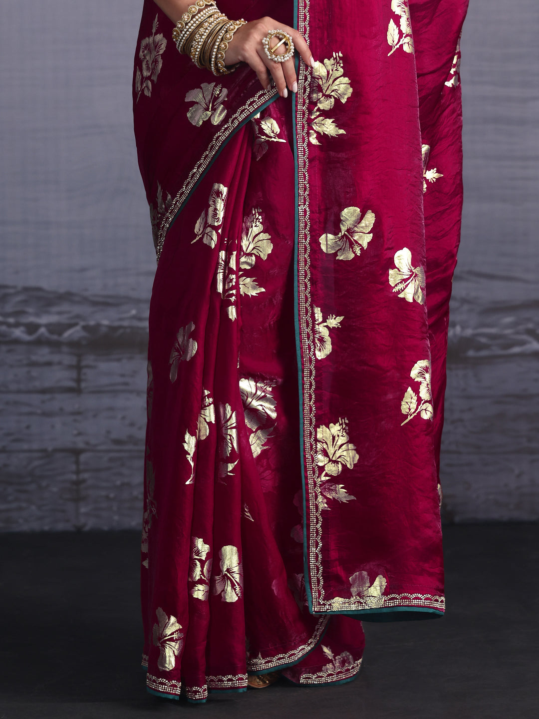 Libas Maroon Floral Printed Tissue Saree with Embellished Border