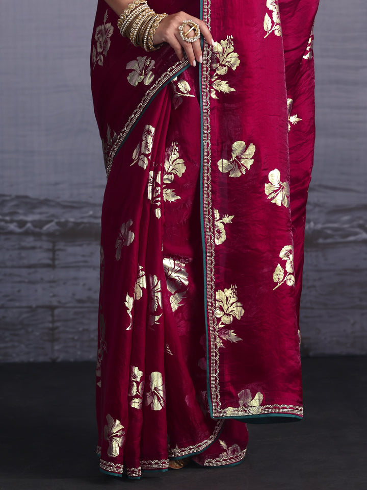 Libas Maroon Floral Printed Tissue Saree with Embellished Border