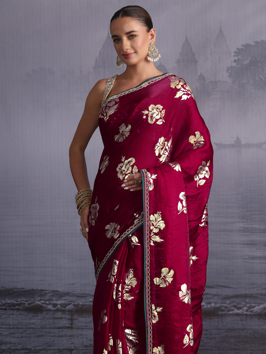 Libas Maroon Floral Printed Tissue Saree with Embellished Border