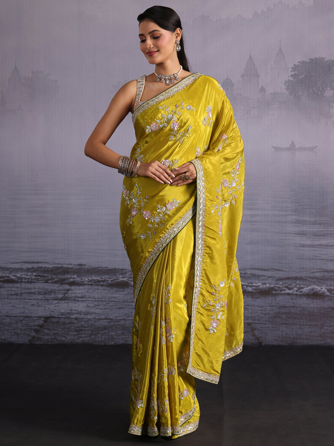Libas Mustard Floral Sequin Embroidered Satin Saree