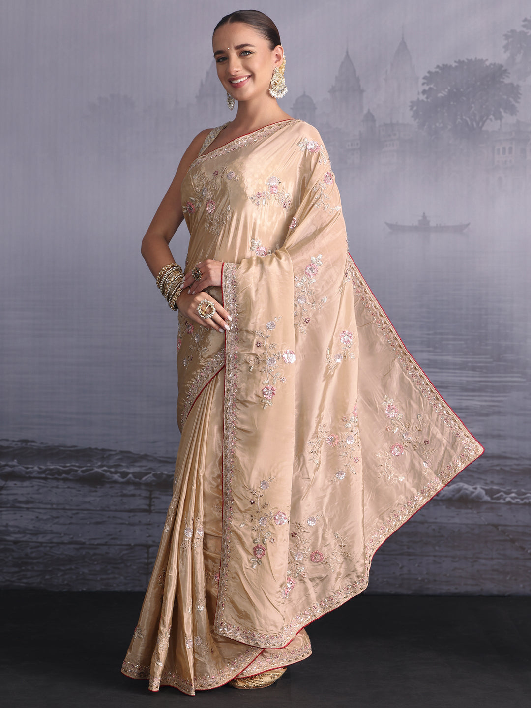 Libas Taupe Floral Embroidered Satin Saree with Sequin Embellishments
