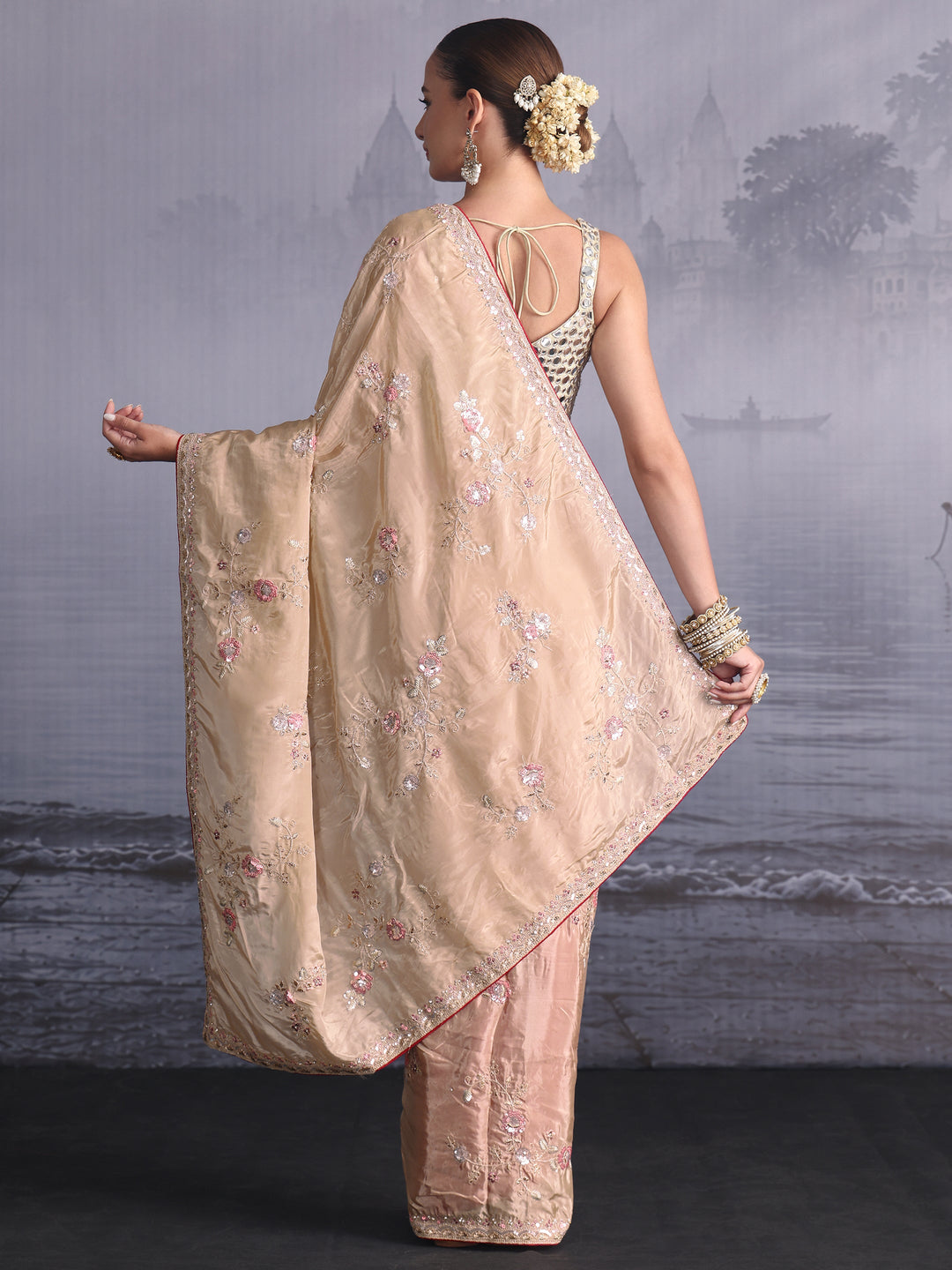 Libas Taupe Floral Embroidered Satin Saree with Sequin Embellishments