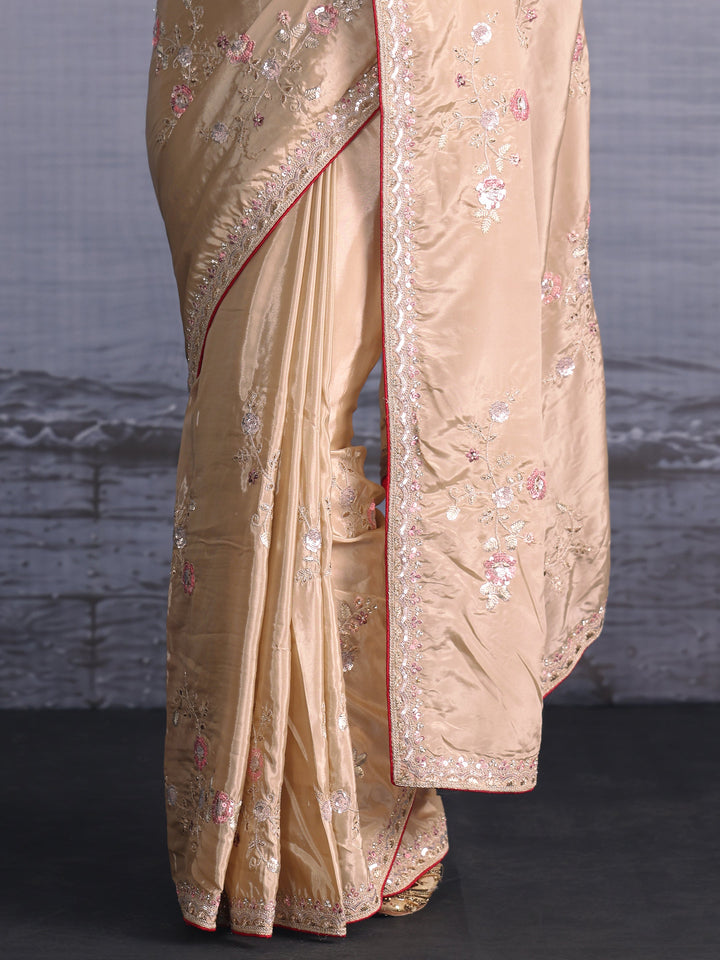 Libas Taupe Floral Embroidered Satin Saree with Sequin Embellishments