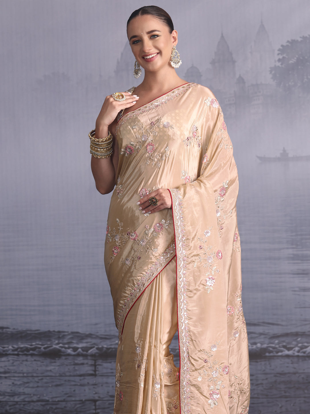 Libas Taupe Floral Embroidered Satin Saree with Sequin Embellishments