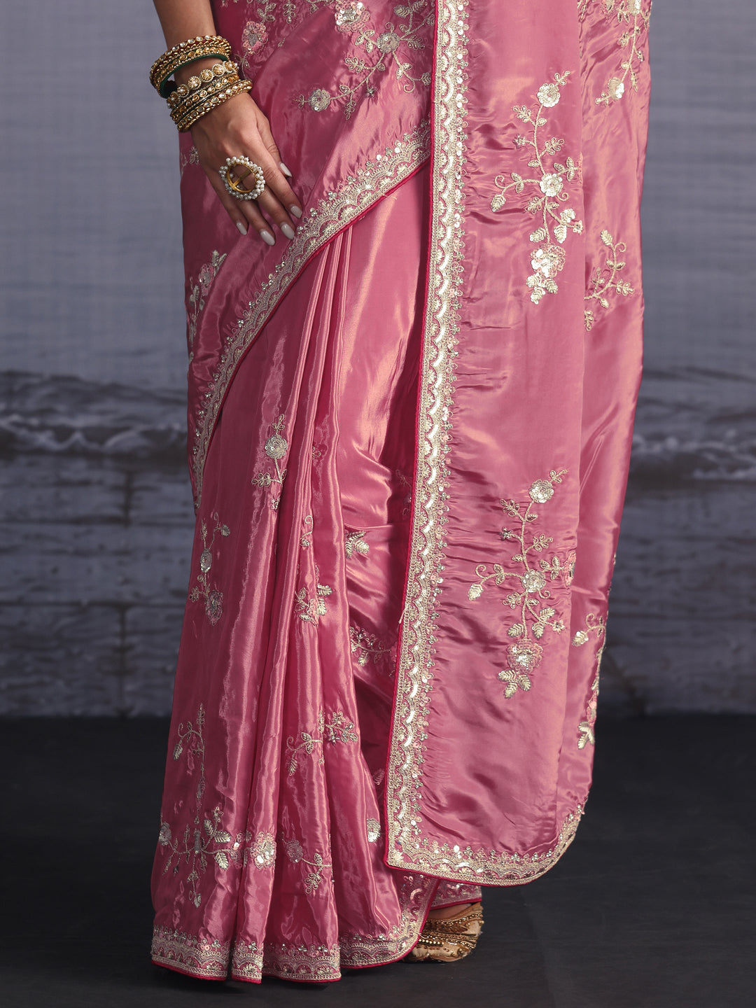 Libas Dusty Pink Floral Embroidered Satin Saree with Sequin Embellishments