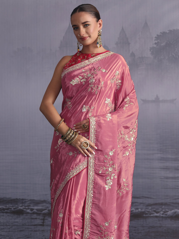 Libas Dusty Pink Floral Embroidered Satin Saree with Sequin Embellishments