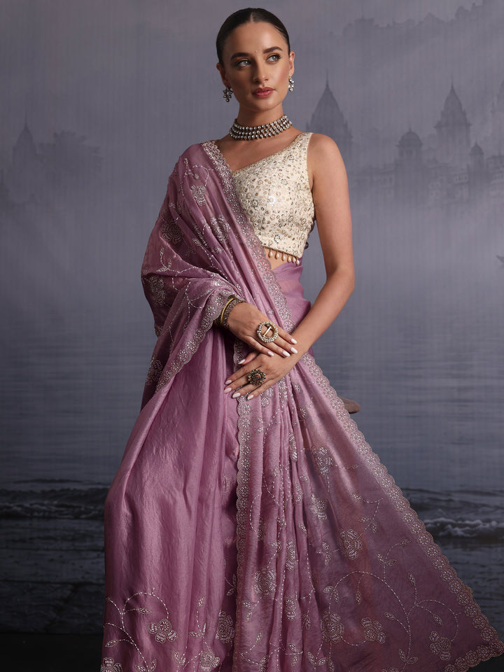 Libas Art Lavender Stone Work Embellished Tissue Saree