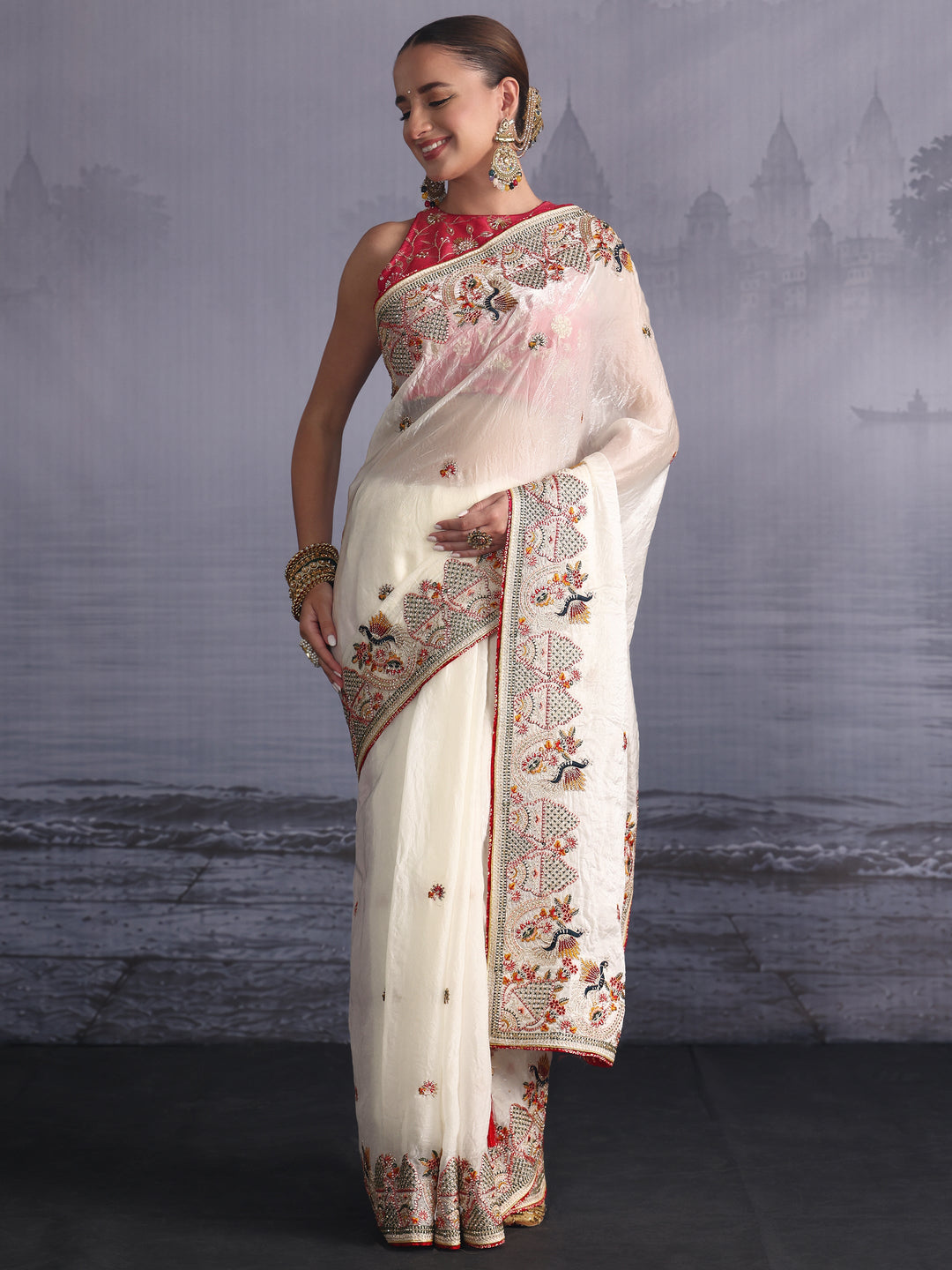 Libas Art Off White Ethnic Embroidered Tissue Saree