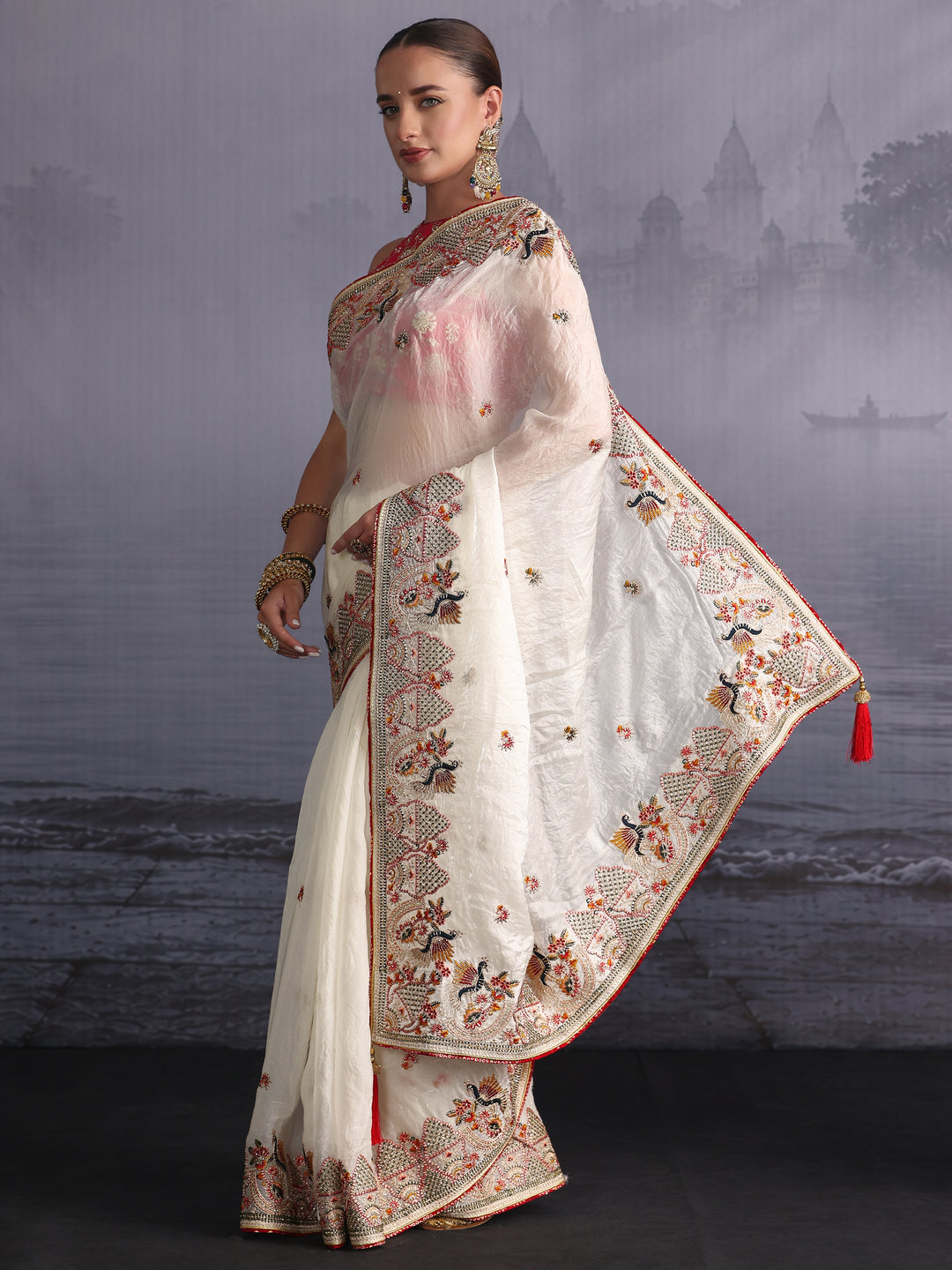 Libas Art Off White Ethnic Embroidered Tissue Saree