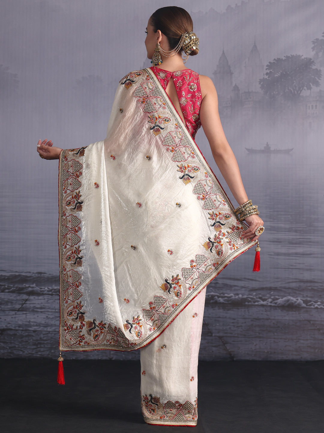Libas Art Off White Ethnic Embroidered Tissue Saree