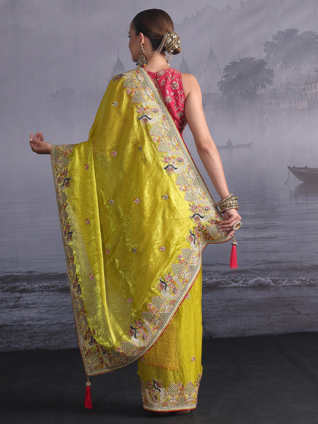 Libas Art Green Ethnic Embroidered Tissue Saree
