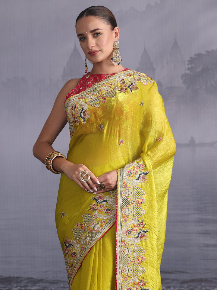 Libas Art Green Ethnic Embroidered Tissue Saree